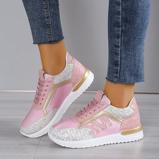 Stylish, comfortable pink and gold sneakers with a breathable mesh design and thick soles, perfect for casual or athleisure wear.