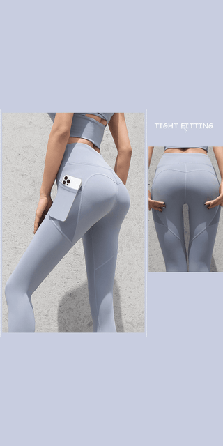Comfortable gray seamless leggings with pockets and tight-fitting design, showcasing a sporty, fashionable look.