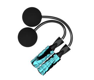 Adjustable teal and black weighted cordless jump rope with circular foam handles on a plain white background.