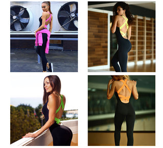 Fashionable women's activewear and athleisure featuring vibrant colored tops, sleek black leggings, and stylish backless designs. The images showcase modern, trendy workout clothing and athletic apparel suitable for exercise, fitness, or everyday wear.