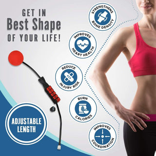 Adjustable length cordless jump rope with benefits for strengthening bones, heart health, injury risk reduction, and calorie burning. Woman in a pink sports bra showcasing the product.