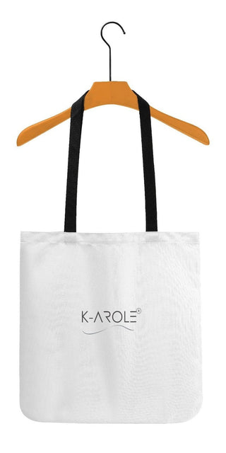 Stylish white tote bag with K-AROLE logo, fashionable accessories for women's street style.