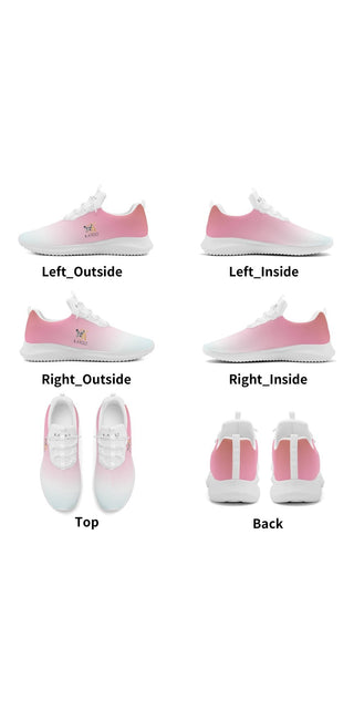 Stylish women's sneakers in a soft pink color with a lace-up front design. The shoes are shown from multiple angles, highlighting their trendy, sporty aesthetic and comfortable features.