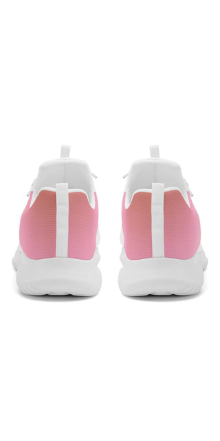 Stylish women's pink and white running sneakers with lace-up front closure, showcasing a modern, sporty design.