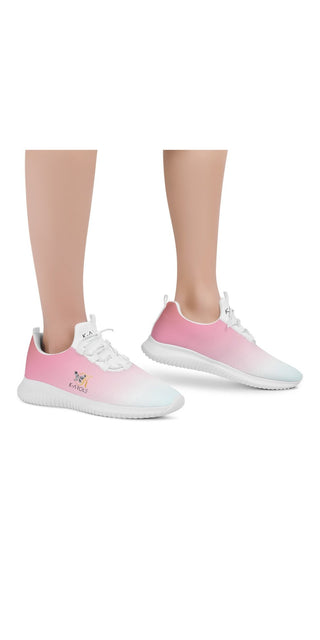 A pair of trendy, lace-up front women's running shoes in a stylish pink and white color scheme. The sneakers feature a sleek, sporty design and appear to be made of a lightweight, breathable material for comfort and performance during active wear.