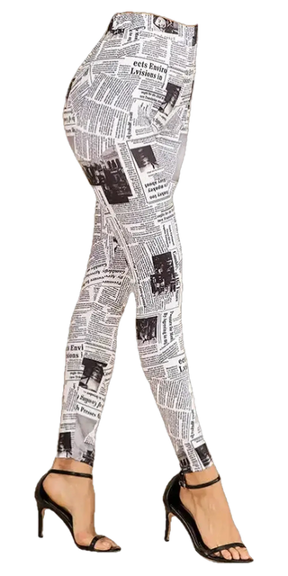 Sleek monochrome newspaper print leggings with a slim, elongated silhouette, designed for stylish and comfortable everyday wear.