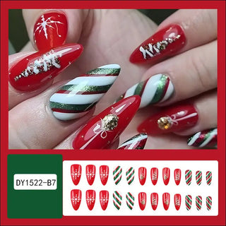 24pcs Christmas False Nails Hat Striped Snowflake Nail Art