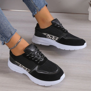 Women's Black Lace-Up Mesh Sneakers with Leopard Print Accents - Trendy, Breathable, and Lightweight Running Shoes for Fashion-Forward Active Lifestyles