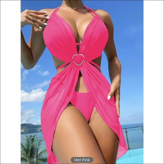 3pcs Halter Neck Bikini Beach Summer Solid Color Split Swimsuit Womens Clothing - K - AROLE