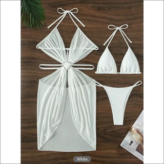 3pcs Halter Neck Bikini Beach Summer Solid Color Split Swimsuit Womens Clothing - K - AROLE