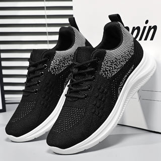 Lightweight, breathable knit sneakers for women in a stylish black and white color scheme.