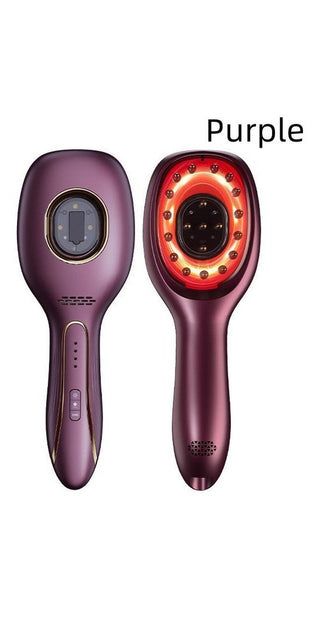Red and purple ergonomic hair brush with LED lights for hair growth and nourishing care from K-AROLE's collection of women's fashion accessories.