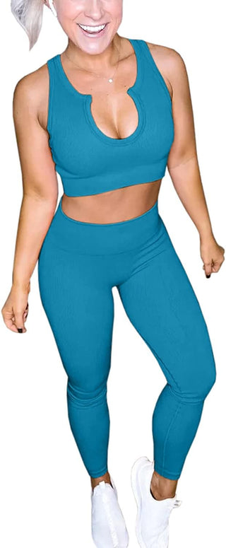 QINSEN Women'S Yoga Workout Outfits 2 Piece High Waisted Leggings with Sports Bra Gym Clothes Sets Light Blue S