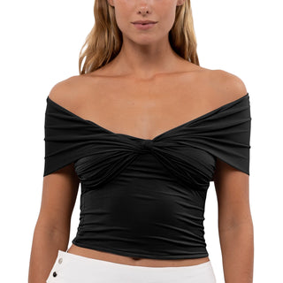Off-shoulder black pleated cropped top with twisted front detail, showcasing the model's shoulders and midriff.