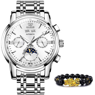 Elegant stainless steel watch with moon phase display and beaded bracelet accessory showcases precision timekeeping and sophisticated style.