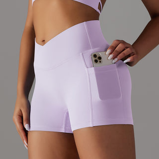 Yoga shorts with phone pocket design, trendy fitness clothing for women