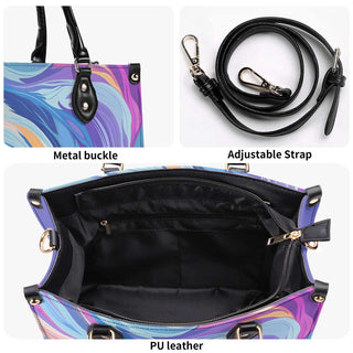 Stylish multicolored handbag with metal hardware, adjustable shoulder strap, and PU leather construction for a modern, trendy design.
