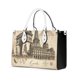 Stylish French-inspired tote bag with Eiffel Tower and architectural elements, perfect for women's athleisure outfits from K-AROLE.