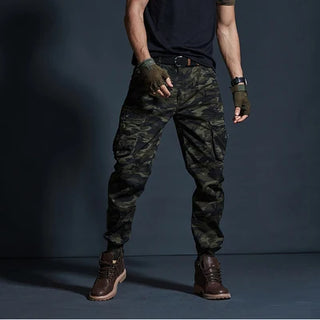 Camouflage cargo pants with multiple pockets, fashionable military-style trousers for casual wear.