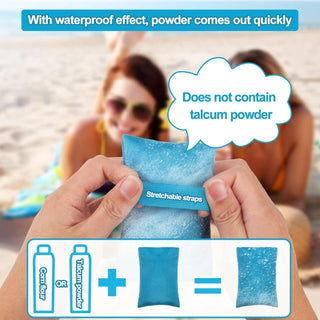 Portable camping powder pouch with waterproof effect, does not contain talcum powder, handheld by person against beach background.