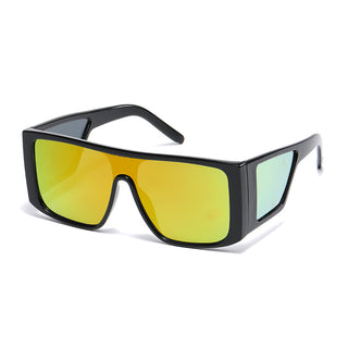 Retro black sunglasses with bold rectangular frames and mirrored multicolor lenses