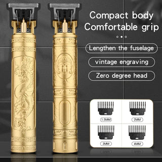 A gold-colored electric hair trimmer or shaver, featuring a compact body design, comfortable grip, and a vintage engraved pattern on the device. The product specifications indicate it has a zero degree head and various length settings for customizing the haircutting or grooming experience.