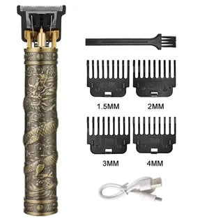 Vintage-style electric hair trimmer and clipper with camouflage/military pattern design, including multiple attachments for different hair lengths.
