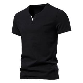 Sleek and stylish men's black slim-fit V-neck t-shirt from the K-AROLE clothing brand, featuring a simple and minimal design to complement various casual outfits.