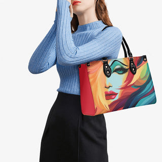 Vibrant abstract face printed tote bag, carried by woman in stylish blue sweater.