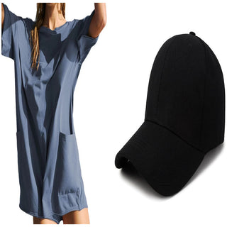 Stylish gray dress and black baseball cap in the image
