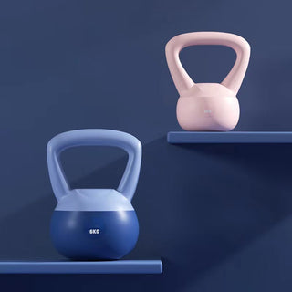 Minimalist fitness kettlebells in pastel colors on dark blue background