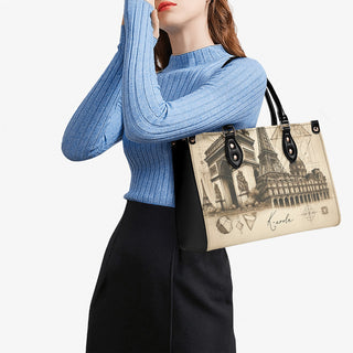 Stylish French-inspired tote bag showcased with a trendy knitted sweater, perfect for the modern K-AROLE woman's athleisure outfits.