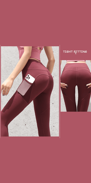 Burgundy seamless leggings with phone pocket on thigh, showcasing snug, tight-fitting design.