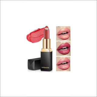 Vibrant red lipstick in gold-trimmed package, featuring pearlescent color-changing formula for bold, glowing lips.