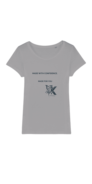 Minimalist women's organic cotton t-shirt with "Made with confidence" text and butterfly graphic design