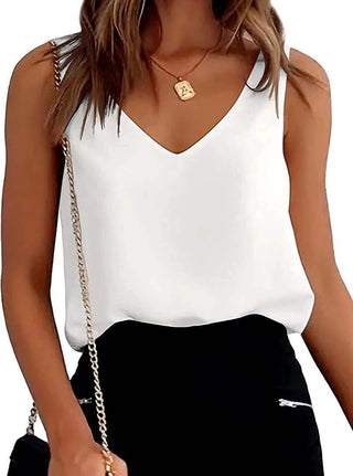 White casual v-neck camisole tank top with gold pendant necklace against white background