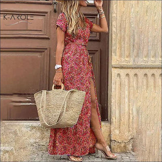 K - AROLE™️ Bohemian - Inspired Maxi Dress with Waist Trim and Garden Charm - K - AROLE