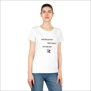 Casual cotton t-shirt with inspiring feminist message for modern women, featuring a simple yet powerful statement on a white background.