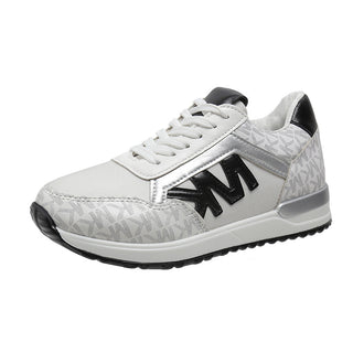 Stylish white and gray women's sneakers with a lace-up front, thick soles, and a bold "M" logo. The sneakers feature a breathable, sporty design suitable for casual or athleisure wear.