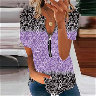 Chic Print Color Block Sleeveless Top - Purple / S