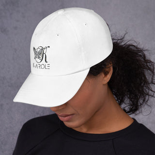 White cotton dad hat with K-AROLE logo, showcasing a stylish and minimalist design for trendy women's fashion.