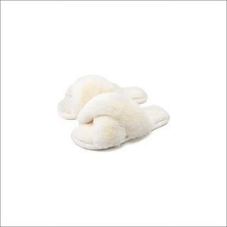 Cozy white fuzzy house slippers with open toe design and anti-skid sole for comfortable indoor wear.