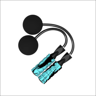 Adjustable teal and black weighted cordless jump rope with circular foam handles on a plain white background.