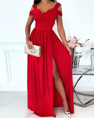 Elegant red maxi dress with off-the-shoulder design, sweetheart neckline, and high slit for a stylish formal look.