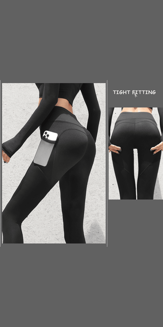Sleek and seamless black leggings with a secure phone pocket detail, designed for a flattering, tight-fitting silhouette.