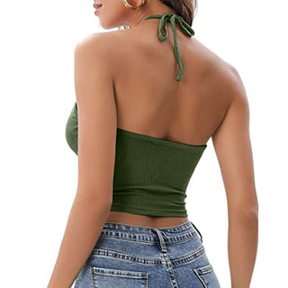 Sexy olive green camisole halter vest with a tie detail on the back, worn by a model against a white background.