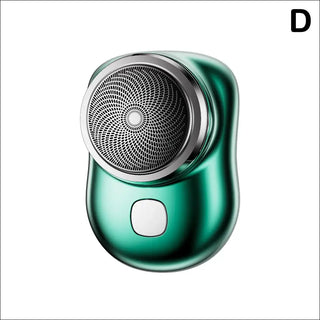 Compact electric razor with sleek, metallic green finish and precision shaving head for efficient beard grooming.