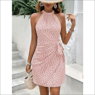 Elegant Halter Neck Patterned Mini Dress - Pink / L