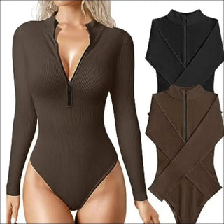 Elegant Long Sleeve V - Neck Bodysuit - K - AROLE