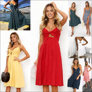 Stylish summer dresses - Sleeveless and backless designs in various colors including green, red, yellow, and navy blue with trendy slit features.